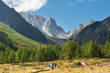 Landscape of the Alpine Mountains on the route of the Mont Blanc Tour from the Italian side.