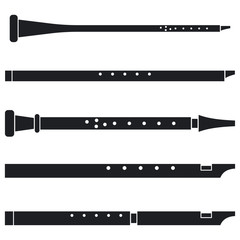 Flute vector icons set. Recorder music instrument black silhouettes isolated on a white background.