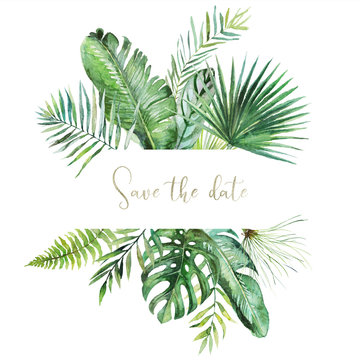 Tropical exotic watercolor floral illustration - leaf border / header / frame for wedding stationary, greetings, wallpapers, fashion, background. Palm, fern, banana, green leaves.