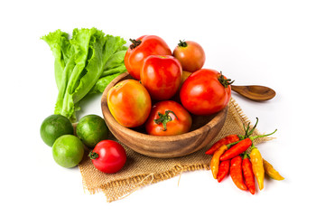 mixed vegetable in wooden bowl on white background