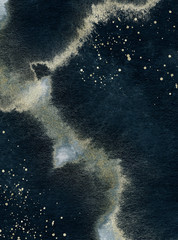 Gold and navy watercolor texture design. Milky way, starry night, galaxy, space, sky with stars, lightning. Brush stroke background pattern. Shimmering modern art. Illustration.