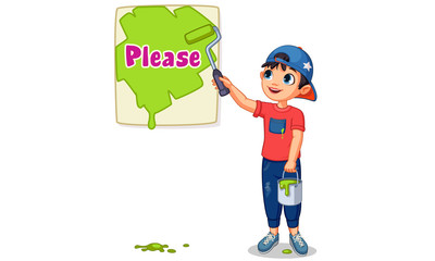 Cute boy painting a board of Please text