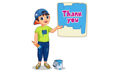 Cute boy painting a board of Thank You  text