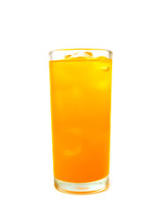 glass of orange soda with ice on white background