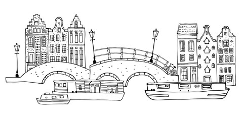 Amsterdam street scene. Vector outline sketch hand drawn illustration. Houses with bridges, lanterns and boats
