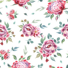 Watercolor seamless pattern of peony and blosom flowers on white background.