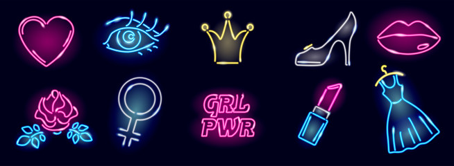 Set of neon girly icons on dark background. Girl power or feminism elements of design: heart, eye, rose, venus mirror, crone, heel, lips, dress, lipstick. Vector 10 EPS illustration.