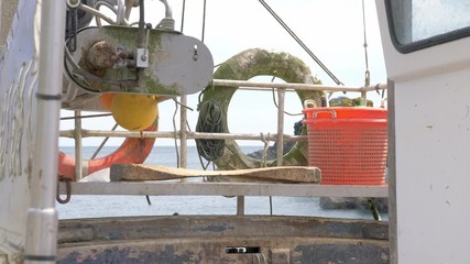 Detail of equipment on the deck of a fishing boat in Cadgwith, Cornwall, England.