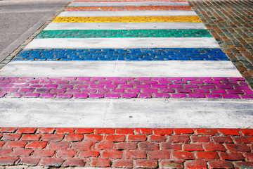 LGBT gay flag color painted on pedestrian crossing road in Europe, Belgium