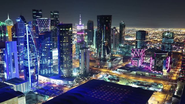 4K rooftop cityscape panorama timelapse of financial centre in Doha, Qatar
