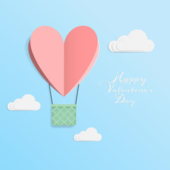 vector of love and Happy Valentine's day. origami design elements cut paper made hot air balloon in heart shape flying with basket up to the sky with white cloud. paper art and digital craft style.