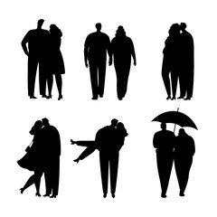 Collection of black silhouettes of couples in love. Guy and girl hug and kiss. Vector illustration