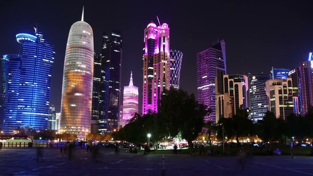 4K night timelapse of financial centre in Doha city, Qatar