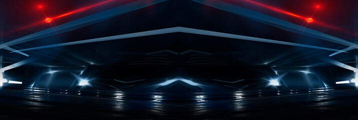 Background wall with neon lines and rays. Background of an empty dark corridor, parking, airport with neon light. Abstract background with lines and glow. Wet asphalt, the reflection of neon lights in