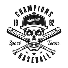 Fototapeta premium Baseball vector black emblem with skull in cap