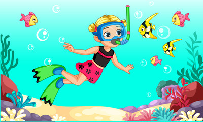 Cute little girl diver cartoon illustration