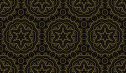 Geometrisches Blumenmuster mit Punkten. Nahtloser Vektorhintergrund. Gold und schwarze Verzierung. Ornament für Stoff, Tapete, Verpackung. Dekorativer Druck