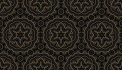Sierkussen Geometrisch bloemenpatroon met punten. Naadloze vectorachtergrond. Goud en zwart ornament. Ornament voor stof, behang, verpakking. Decoratieve print © ELENA