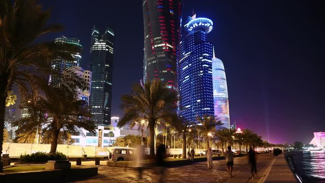 4K night timelapse of Corniche street in Doha city, Qatar
