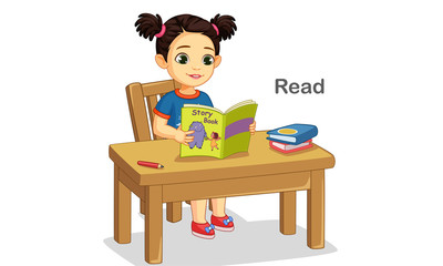 Cute little girl reading a story book