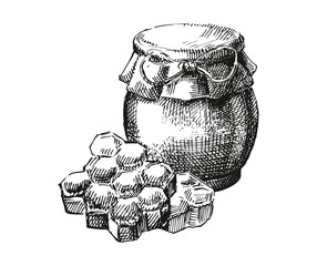 Jar of honey and honeycombs 