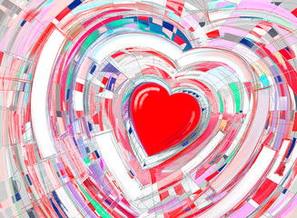 abstract painting background of red heart in pink rays