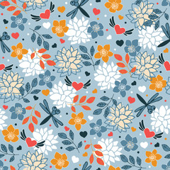 Spring seamless pattern. Flying hearts and butterflies on a floral background.