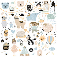 Scandinavian kids doodles elements pattern set color wild animal hand drawn bear lamma cat's monkey, girl, turtle, lamb, house, zebra, sun, face. Cute animals for kids. - 245125567