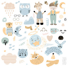 Scandinavian kids doodles elements pattern set color wild animal hand drawn boy cloud caharcters moon fox cat owl giraffe, glasses, rabbit bear cup. Color. - 245125593
