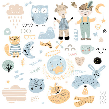 Scandinavian kids doodles elements pattern set color wild animal hand drawn boy cloud caharcters moon fox cat owl giraffe, glasses, rabbit bear cup. Color. © Victoria Morozova