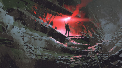 apocalypse world concept showing the man holding a red smoke flare in the destroyed building, digital art style, illustration painting © grandfailure
