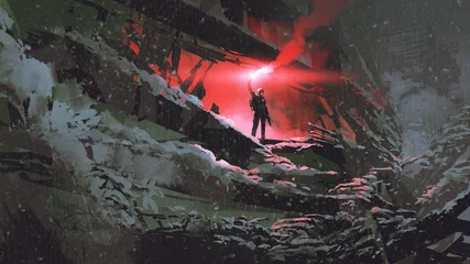 Tuinposter apocalyps wereldconcept met de man met een rode rookvlam in het verwoeste gebouw, digitale kunststijl, illustratie, schilderkunst © grandfailure