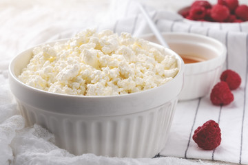 cottage cheese with fresh berries, honey, healthy breakfast, diet vegetarian food