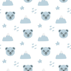 Cartoon cute doodle seamless pattern illustration with cute fluffy blue bear. Endless texture with graphic background. Scandinavian illustration for nursery decor, wallpaper, fabric, postcard. - 245126111