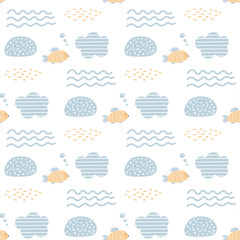 Vector seamless pattern with jellyfish, shells and fish. Baby print. Scandinavian motives. - 245126196