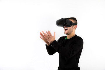 Clapping bearded Young nice and modern with vr glasses that enjoy virtual reality with simulator isolated over white background