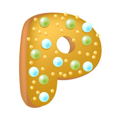 Cartoon vector illustration Donut Letters P. Hand drawn font with sweet bun. Actual Creative art bake alphabet