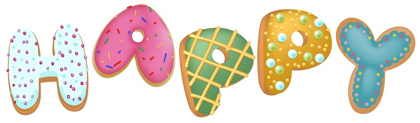 Mixed color donut Happy insignia, Top view, For Bakery shop Present, Happy birthday concept.