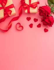Giving present and celebration concept at Valentine's day, anniversary, mother's day and birthday surprise on pink background, copyspace, topview