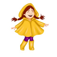 Spring clip art cartoon girl with braids in raincoat dancing and laughing. For spring greeting card, seasonal promo banner, nursery design, fashion print, baby club or children event poster Isolated