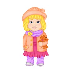 Spring clip art cartoon kitten girl in spring clothes in hat for nursery design, fashion print, kids clothes shop visit card or logo, baby club or children event poster. Doll in pink dress. Isolated