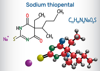 Sodium thiopental drug molecule. It  is a rapid-onset short-acting barbiturate general anesthetic. Structural chemical formula and molecule model