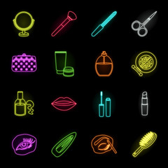 Makeup and cosmetics neon icons in set collection for design. Makeup and equipment vector symbol stock web illustration.