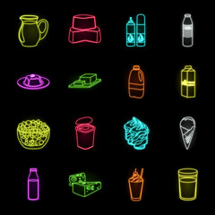 Milk product neon icons in set collection for design.Milk and food vector symbol stock web illustration.