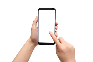Close up of female hands holding and pointing mobile smart phone with white blank screen isolated...