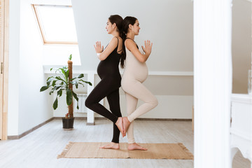 Pregnancy yoga and fitness concept. Two beautiful young pregnant sisters working out indoor at home. Prenatal healhy lifestyle