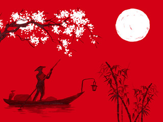 Japan traditional sumi-e painting. Watercolor and ink illustration in style sumi-e, u-sin. Fuji mountain, sakura, sunset. Japan sun. Indian ink illustration. Japanese picture, red background.