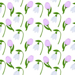 Spring seamless pattern snowdrop and crocus flower sketch for fashion illustration, printing, poster, banner, notebook, textile. Isolated without background. Spring floral ornament