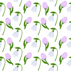 Spring seamless pattern snowdrop and crocus flower sketch for fashion illustration, printing, poster, banner, notebook, textile. Isolated without background. Spring floral ornament