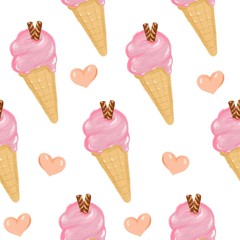 Hand drawn seamless pattern - strawberry ice cream cone clip art - for fashion illustration, printing, poster, banner, notebook, textile. Isolated without background. Summer sweet ornament.